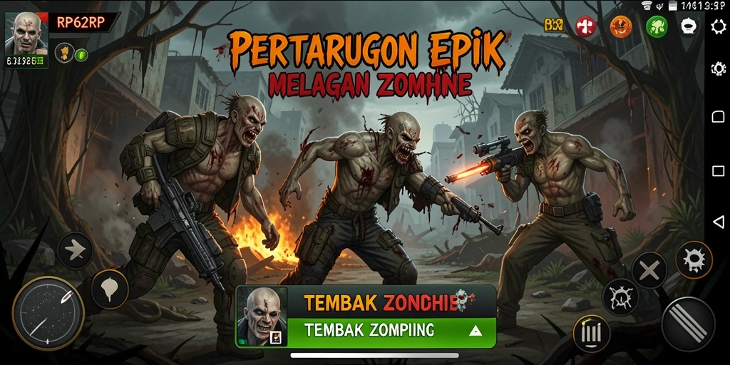 Antarmuka RP62RP menampilkan aksi ketegangan melawan zombie.